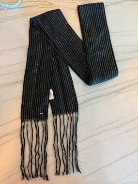 Saint Laurent Paris YSL Black Metallic Threaded Fringe Scarf $475